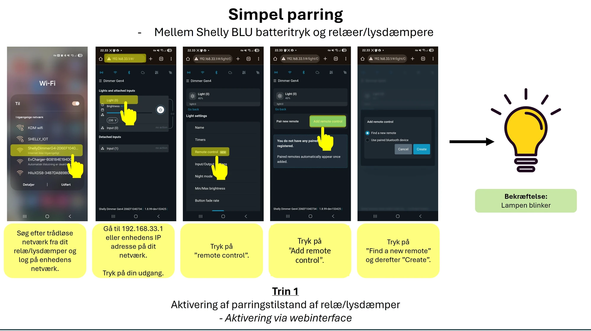 Fem telefonskærmbilleder fra enhedens webinterface: forbindelse til enhedens wi-fi-netværk, valg af udgangen, Remote control, Add remote control, og til sidst Find a new remote efterfulgt af Create