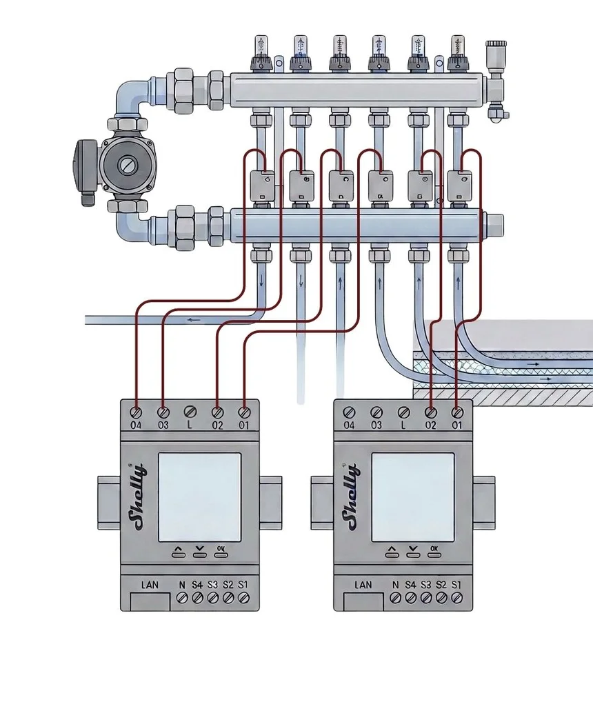 Wiring diagram for water-based underfloor heating with a DIN-rail relay switching manifold actuators