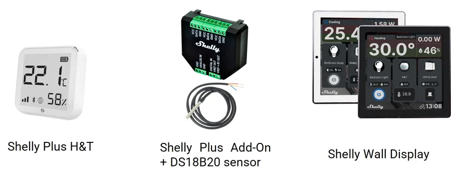 Three temperature sources: Shelly H&T, the Plus Add-On with a probe, and the Wall Display
