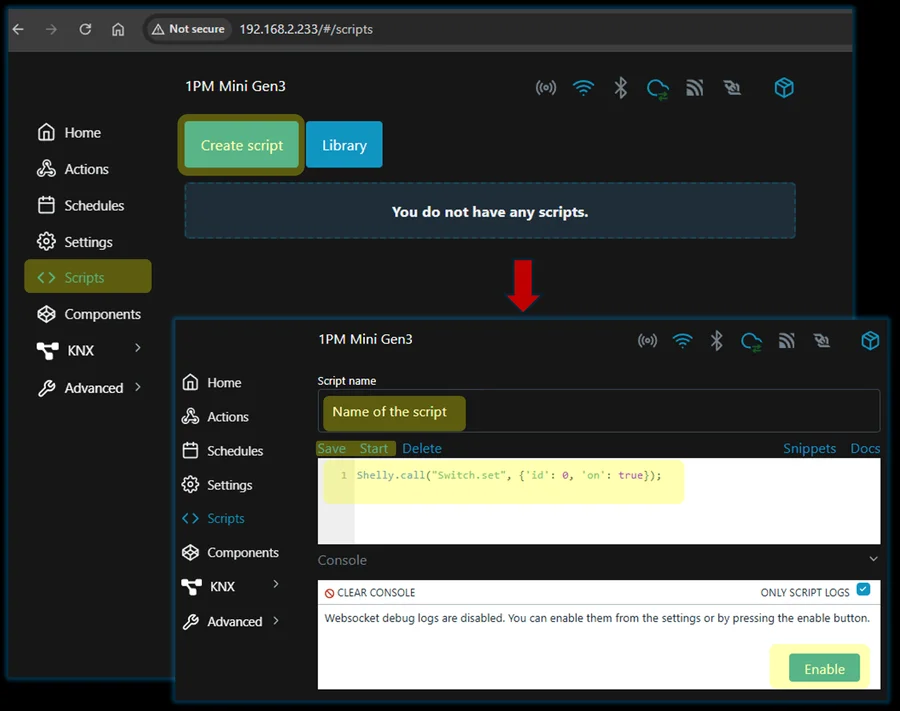 Scripts page in the web interface of a Shelly 1PM Mini Gen3