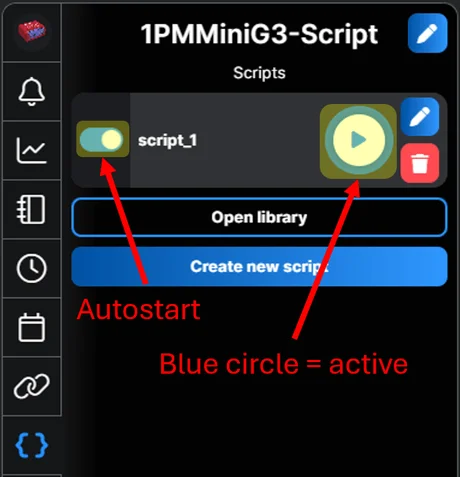 Scripts panel in the mobile app showing the run-on-startup setting