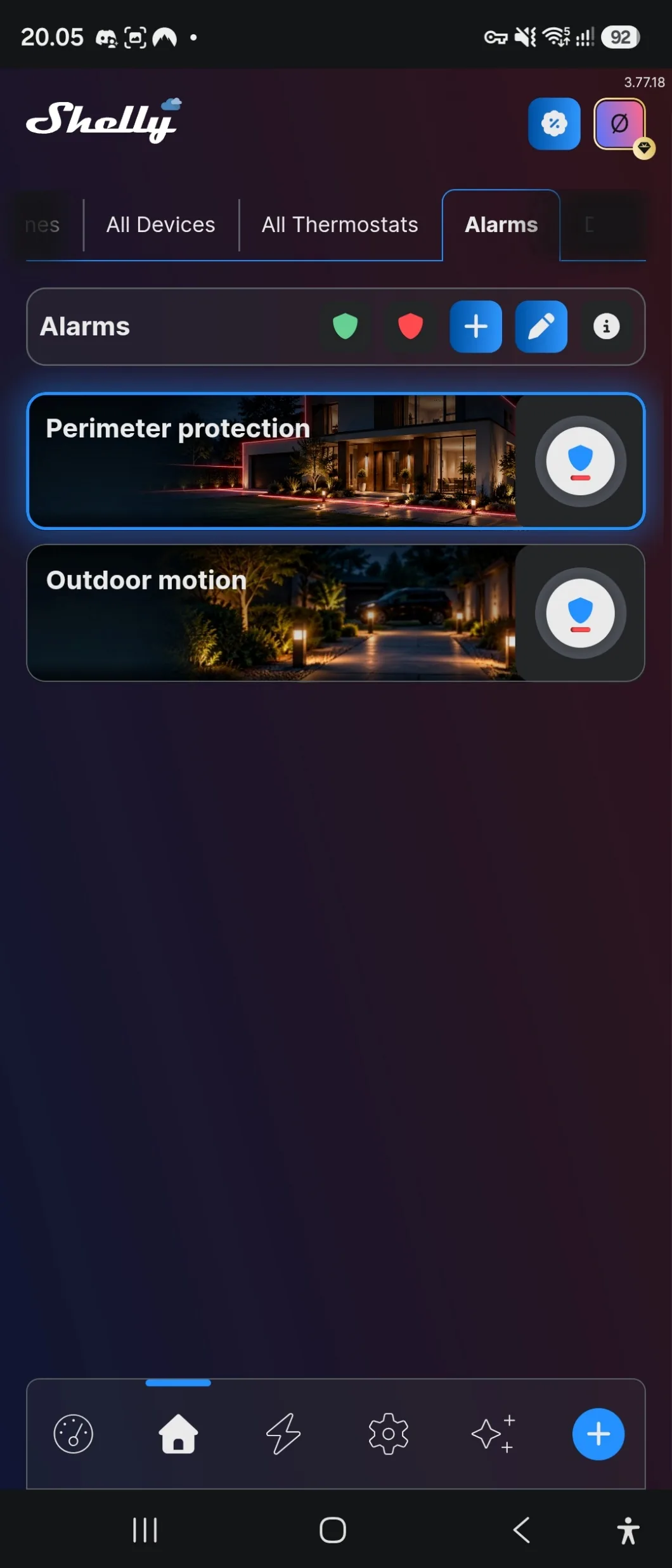 The Alarms tab with two existing alarm zones and the plus button