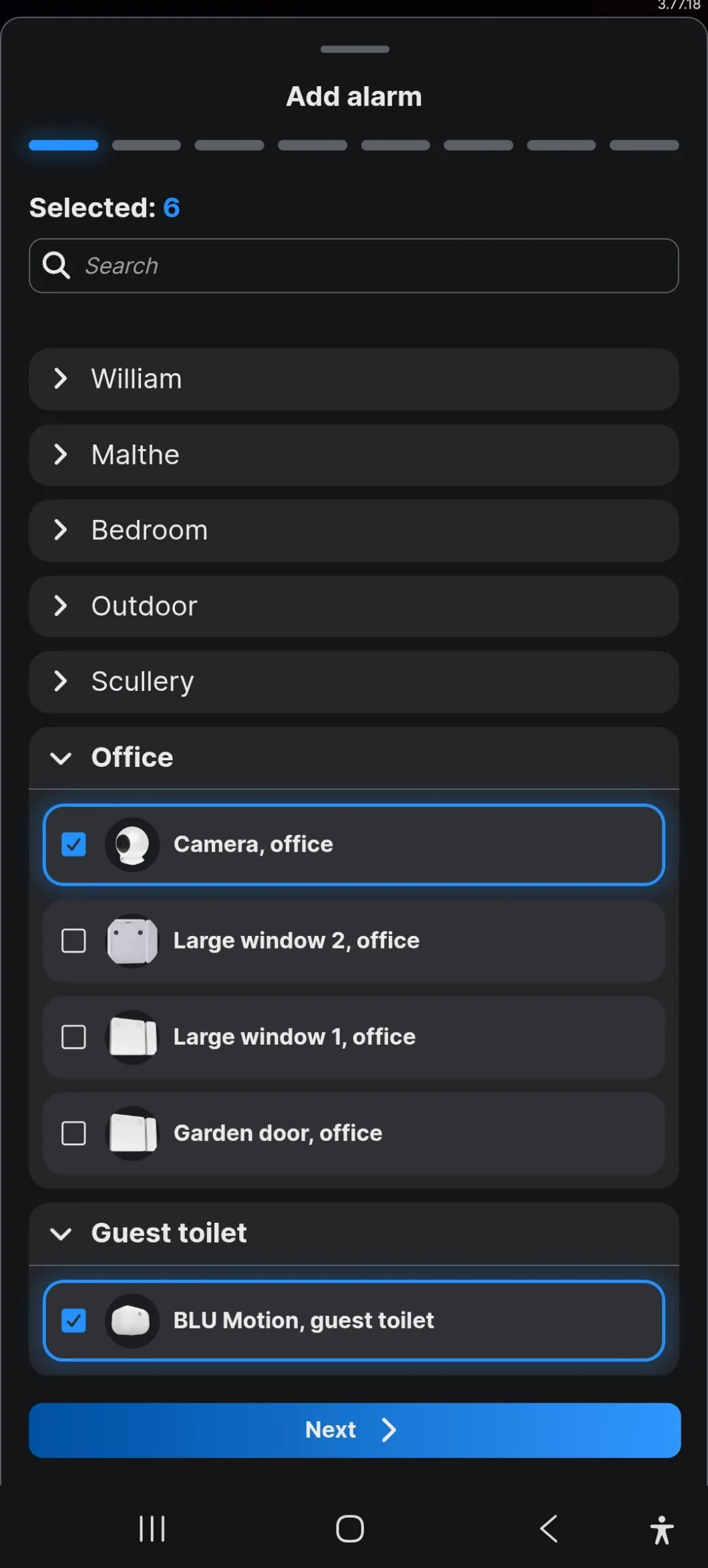 The device list grouped by room, with sensors ticked in two rooms