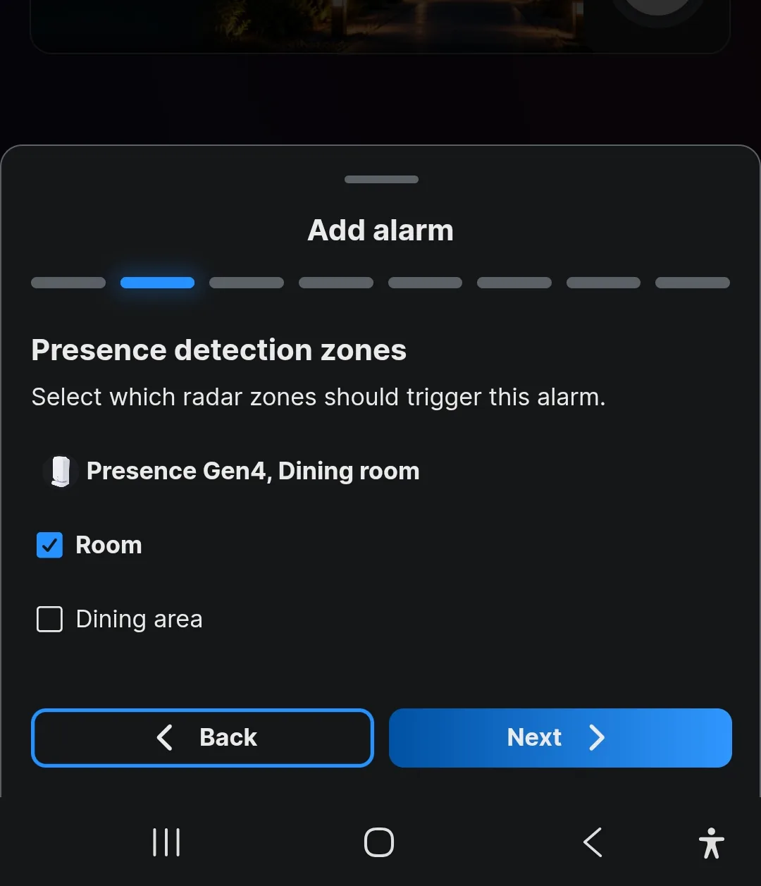 The radar zone list for a Shelly Presence, with one of two zones ticked
