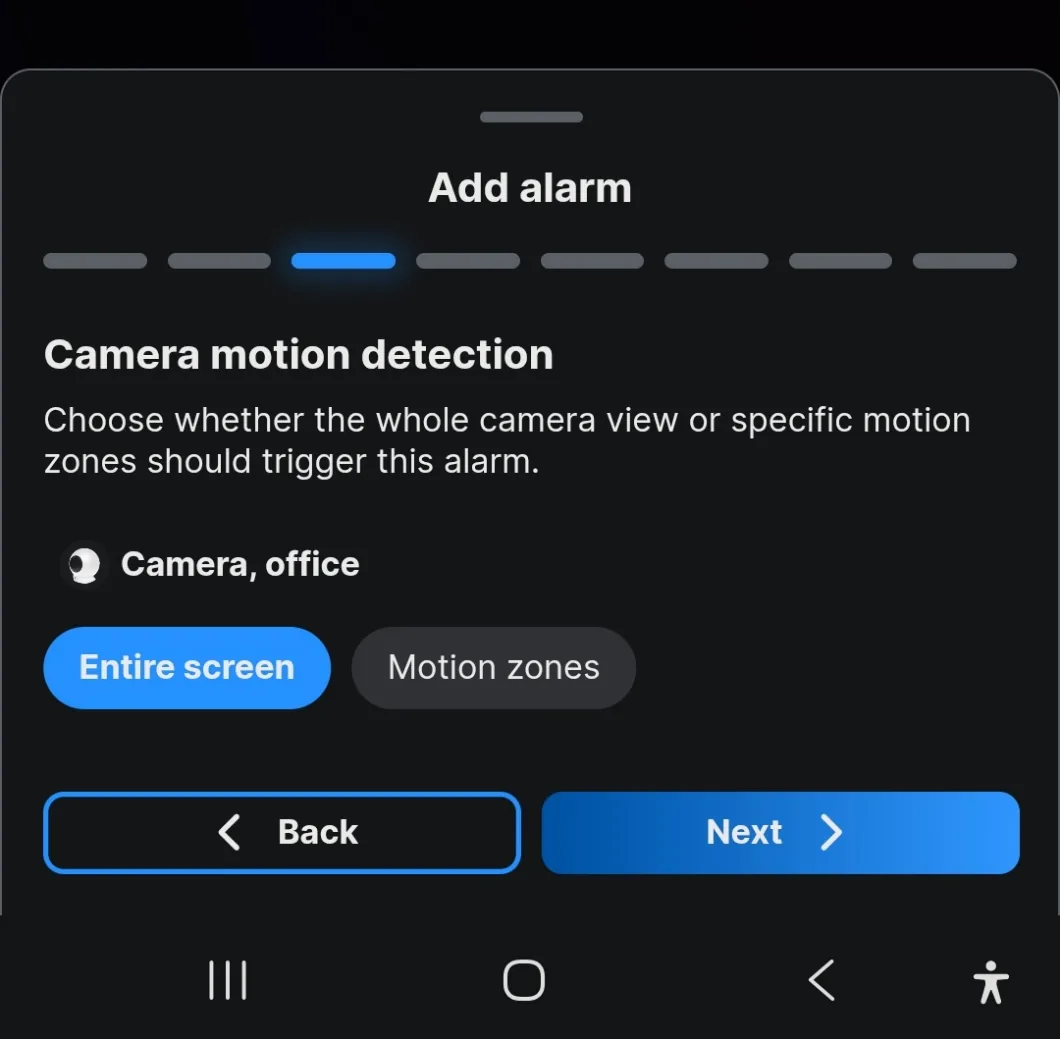 The camera step with Entire screen and Motion zones as the two choices