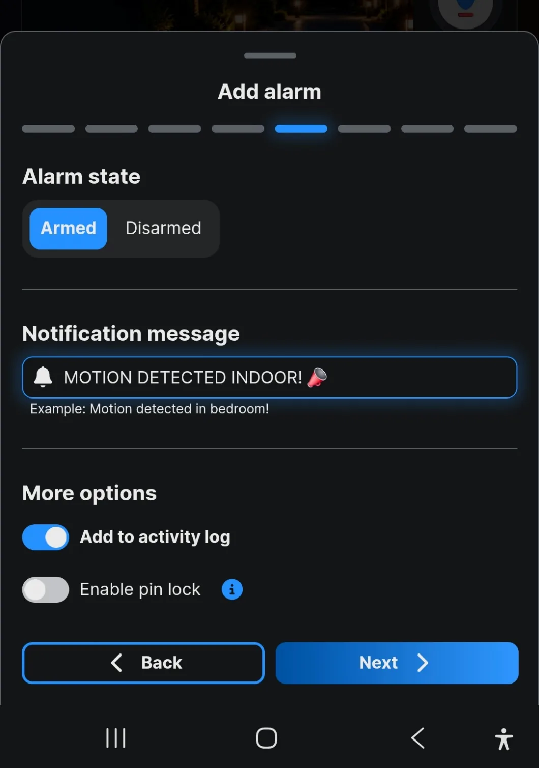 The alarm state, notification message and pin lock options