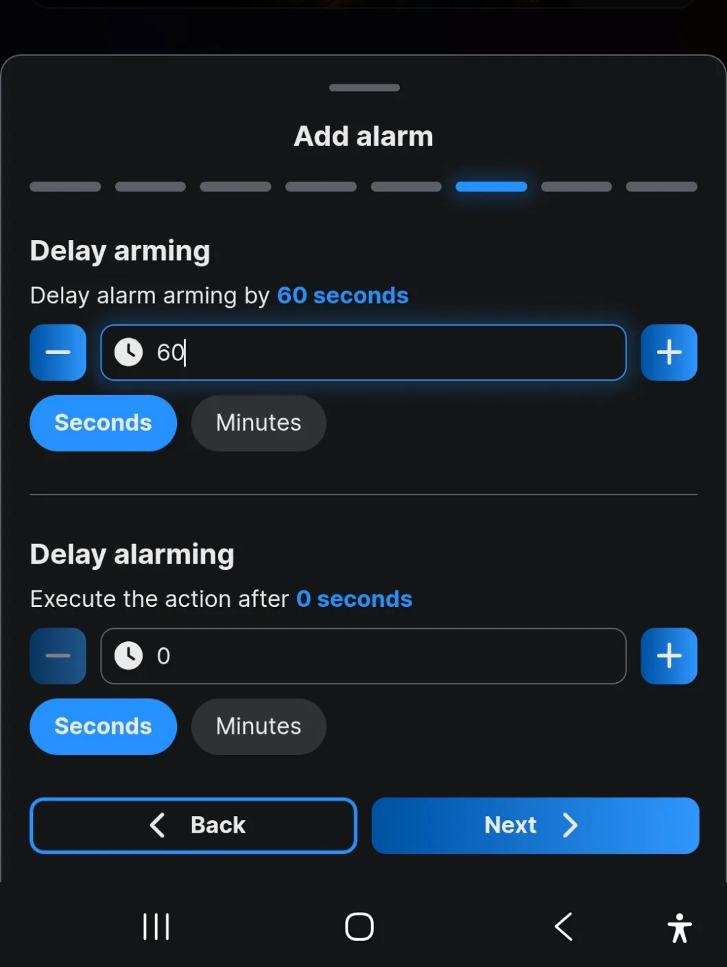 Delay arming set to 60 seconds and delay alarming set to 0 seconds