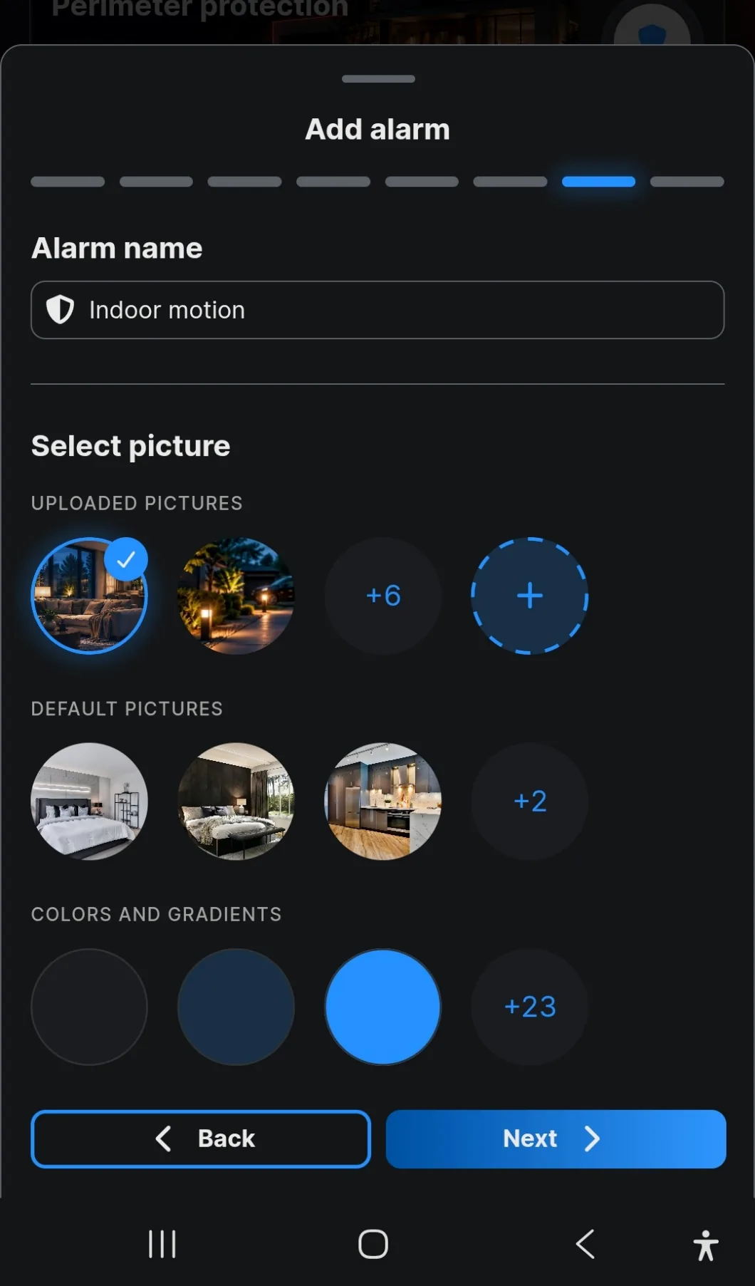 The alarm name field and the picture and colour choices