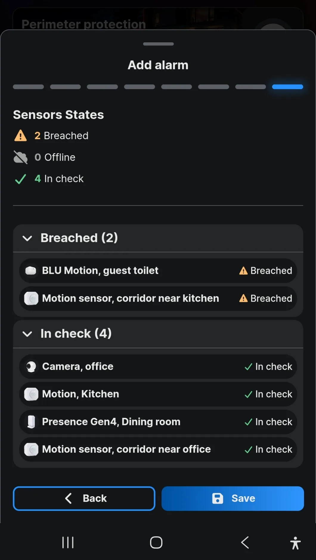 The sensor state summary showing two breached, zero offline and four in check