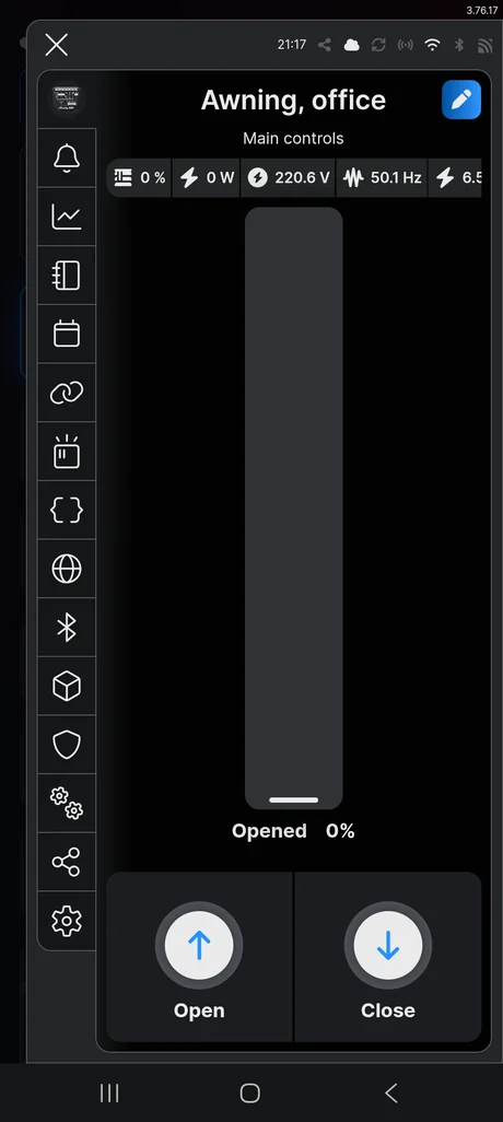 Awning control in the Shelly app showing position and automation