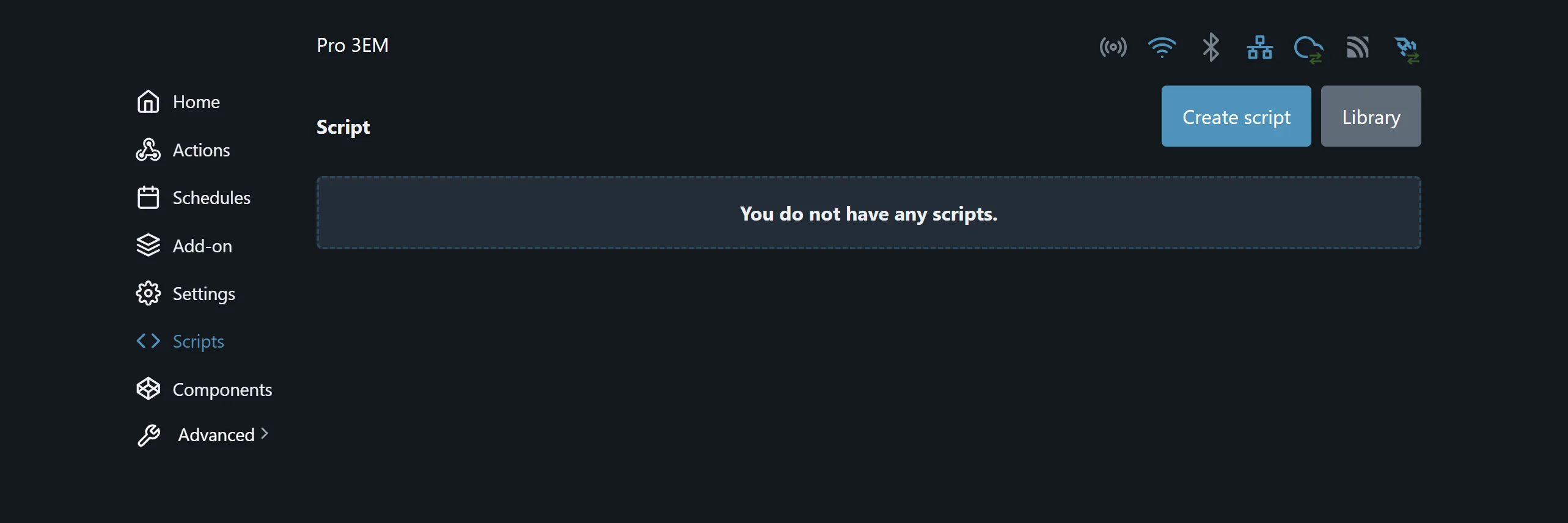 The Scripts page in the device's web interface on a Shelly Pro 3EM, with no scripts yet and the Create script button at the top right