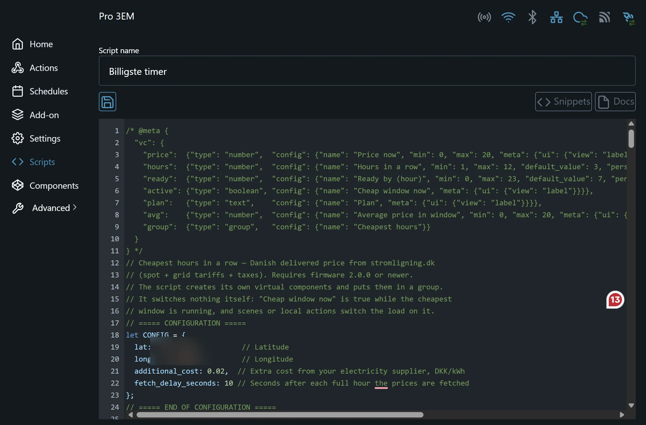 The script editor with the script pasted in, the virtual component declarations at the top and the CONFIG block below with lat, long, additional_cost and fetch_delay_seconds