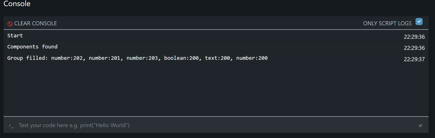 The script console with the lines Start, Components found and Group filled followed by the six component keys