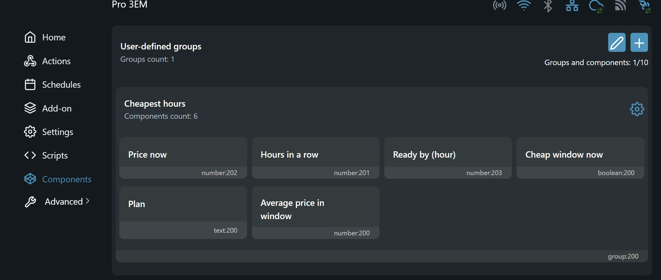 The device's user-defined groups with one group, Cheapest hours, holding the six components