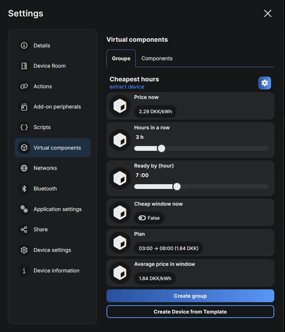 The device's settings in the app, on Virtual components, Groups, with the group Cheapest hours, its extract device link and the six components with their values