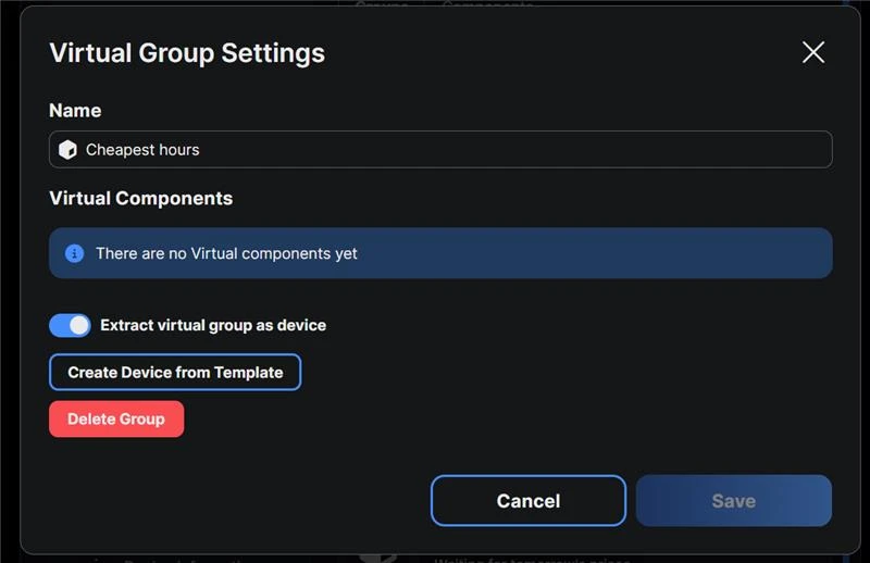 The app's Virtual Group Settings dialog for the group Cheapest hours, with the note There are no Virtual components yet, the switch Extract virtual group as device turned on, and the Cancel and Save buttons
