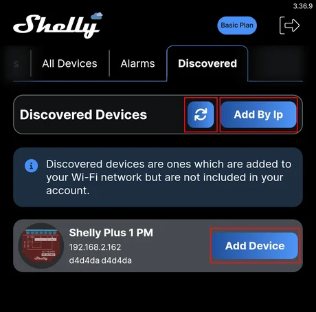 The app showing a discovered device with its IP address