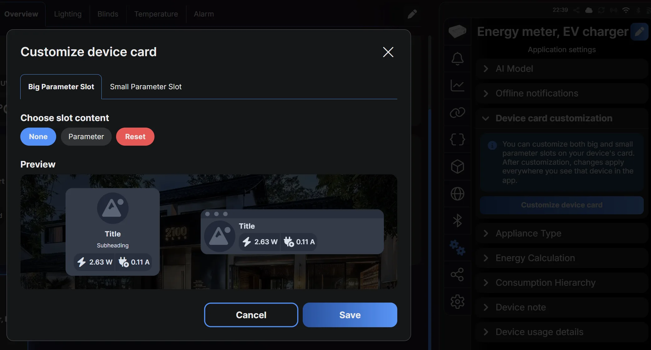 The Customize device card dialog, with a big and a small parameter slot and a preview of the card