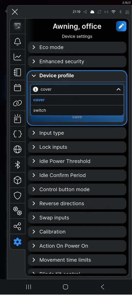 Device profile setting in the app with cover selected