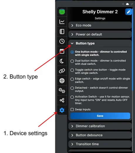 Button type setting in the Shelly app