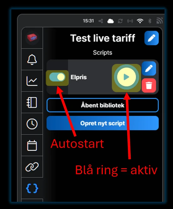Script-listen med kontakten til autostart slået til og play-knappen markeret, som viser at scriptet kører