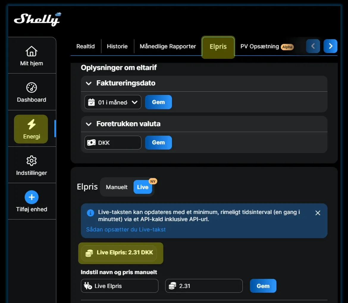 Fanen Elpris under Energi med Live slået til og prisen vist som Live Elpris 2,31 DKK