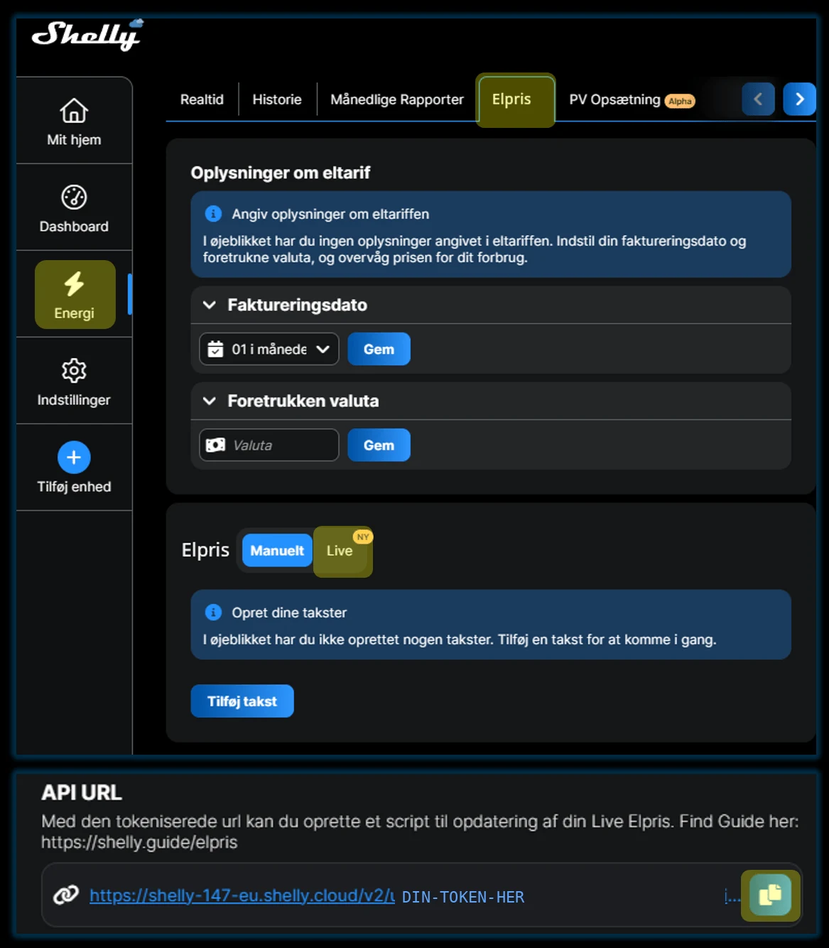 Fanen Elpris under Energi med knapperne Manuelt og Live, og feltet API URL nederst med den tokeniserede adresse og en kopiknap