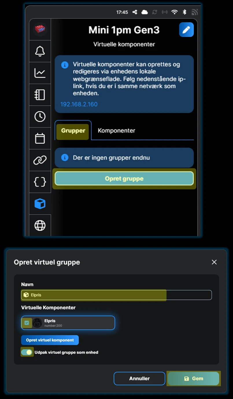 Fanen Grupper med knappen Opret gruppe, og dialogen Opret virtuel gruppe hvor komponenten Elpris er sat hak i og Udpak virtuel gruppe som enhed er slået til