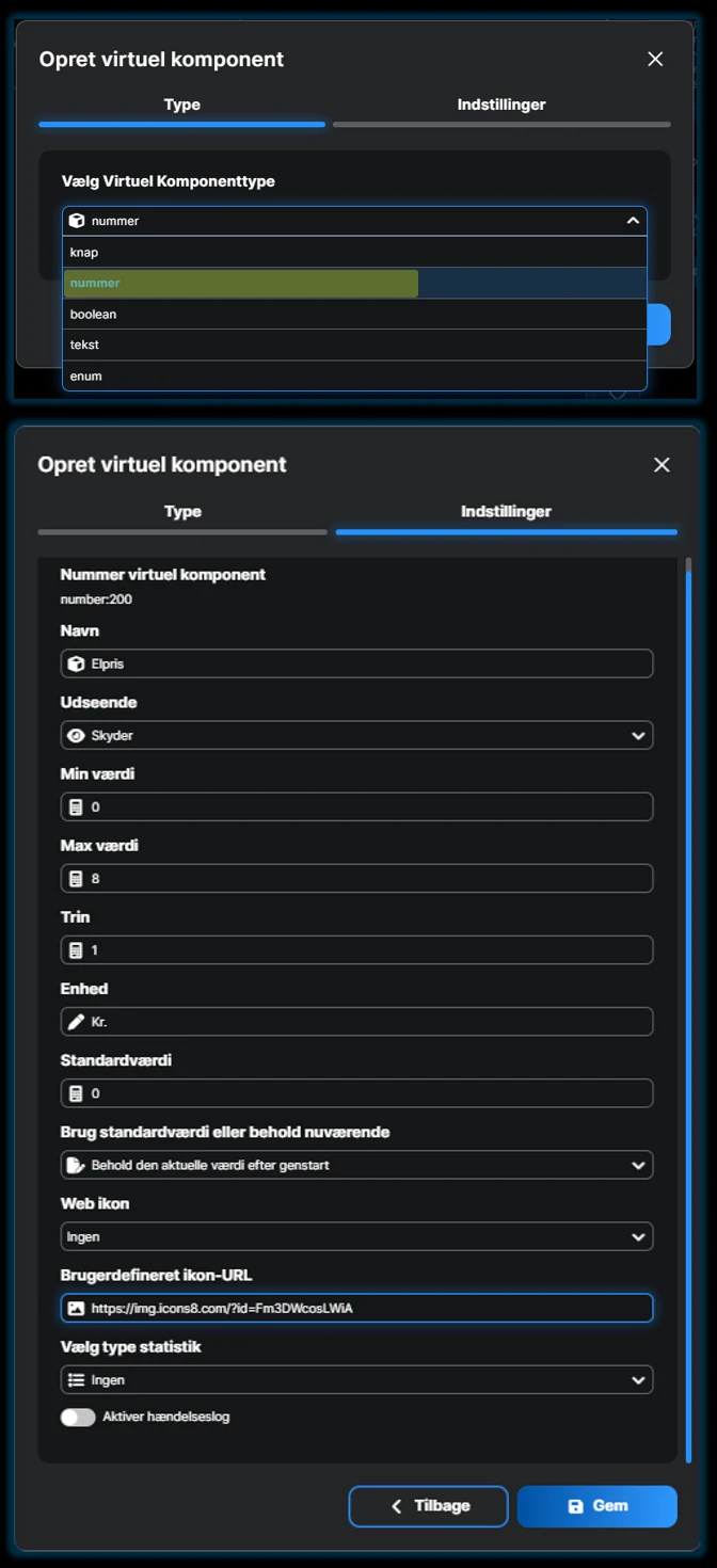 Dialogen Opret virtuel komponent med typen nummer valgt, og indstillingerne nedenunder hvor komponenten hedder number:200 og har Kr. som enhed