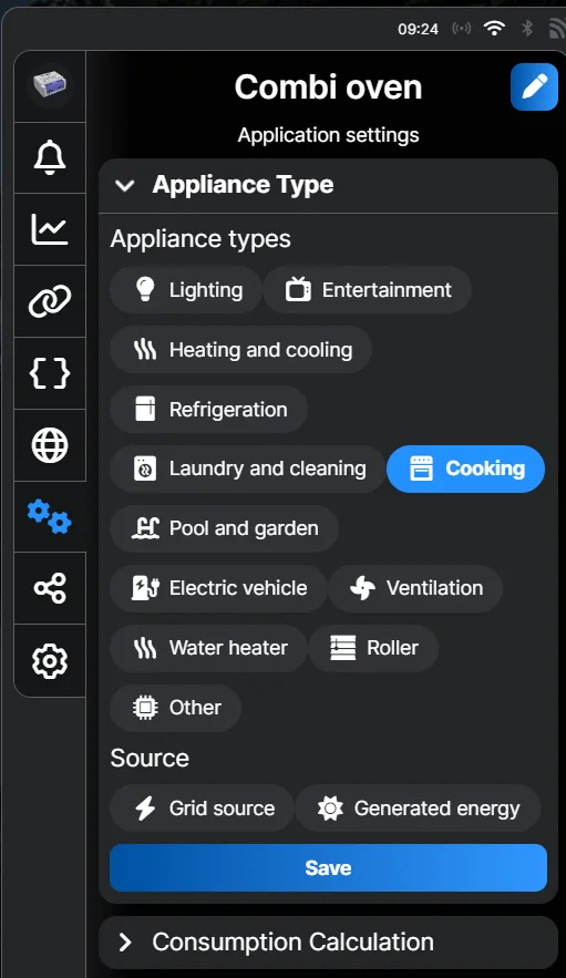 The Appliance Type panel with the twelve types and the two source options