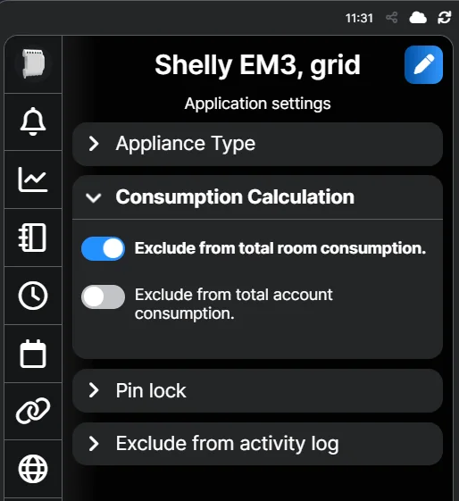 Consumption Calculation on a Shelly EM3 with exclude from room on and exclude from account off