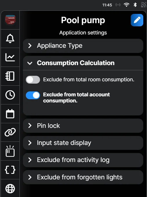 Consumption Calculation on a pool pump with exclude from room off and exclude from account on