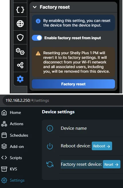 Factory reset in the device web interface settings