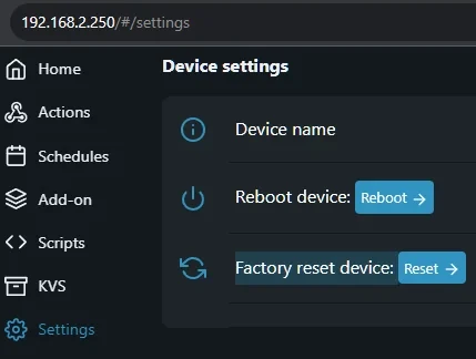 Factory reset device in the device web interface settings