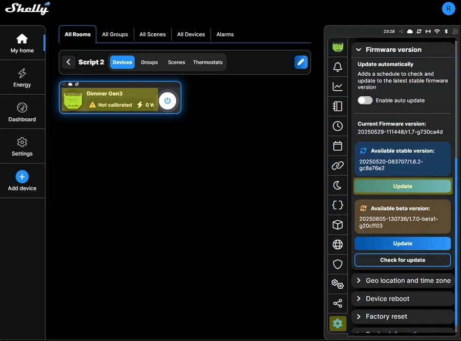 Firmware version panel in the Shelly cloud dashboard
