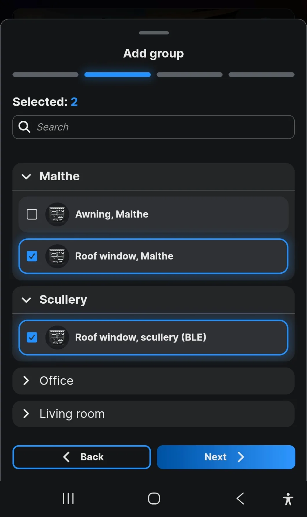 The device list grouped by room, with two roller devices ticked across two rooms