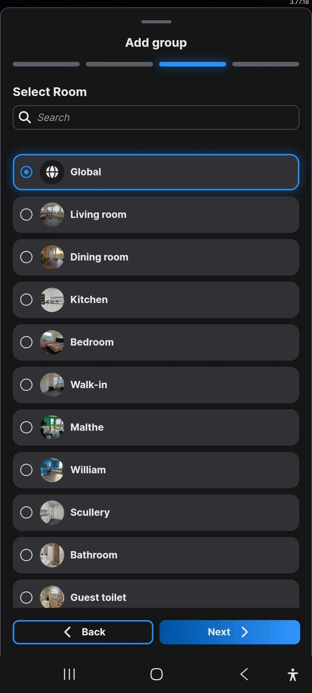 The room list with Global selected at the top