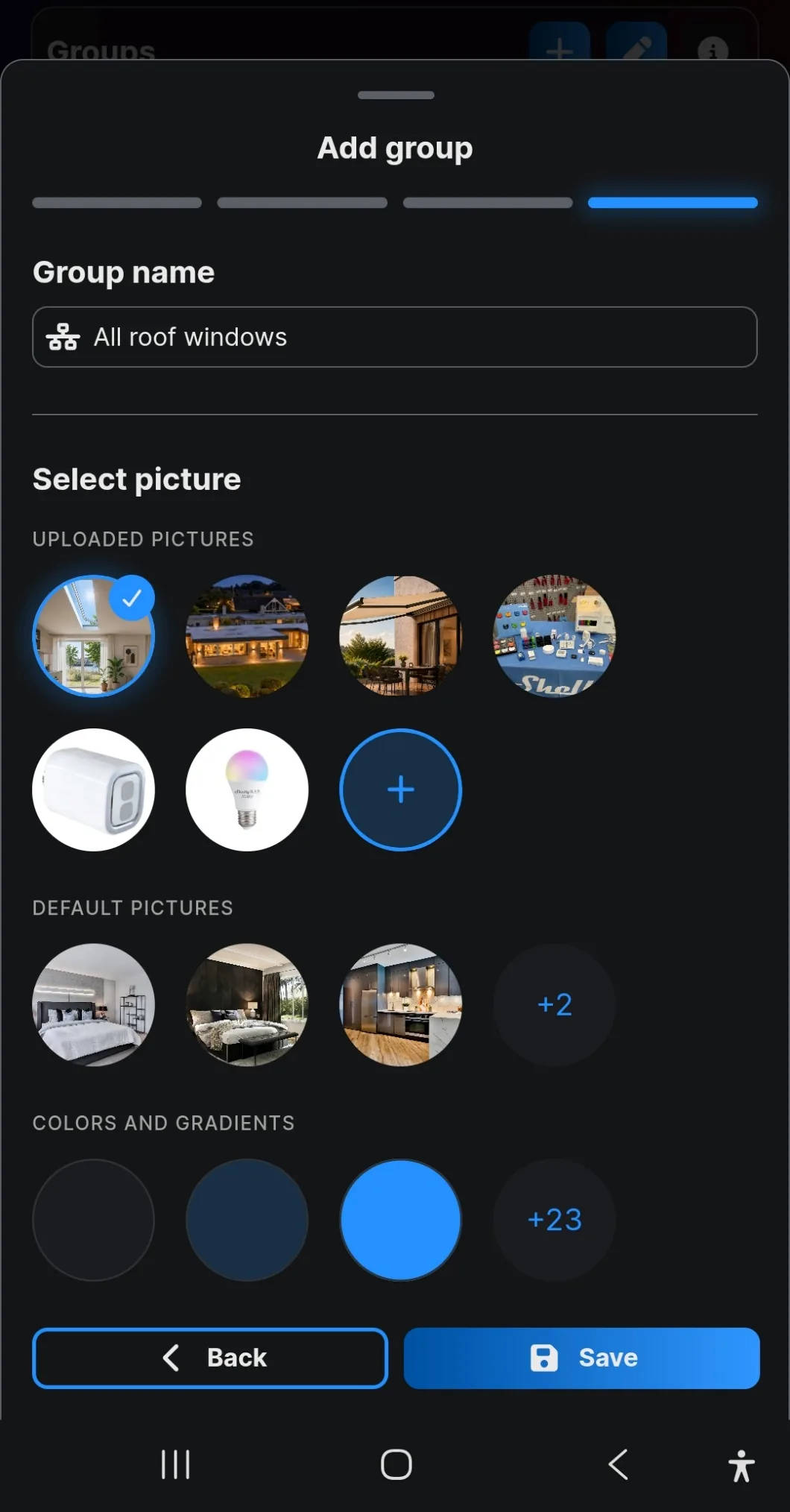 The group name field and the picture and colour choices, with Save