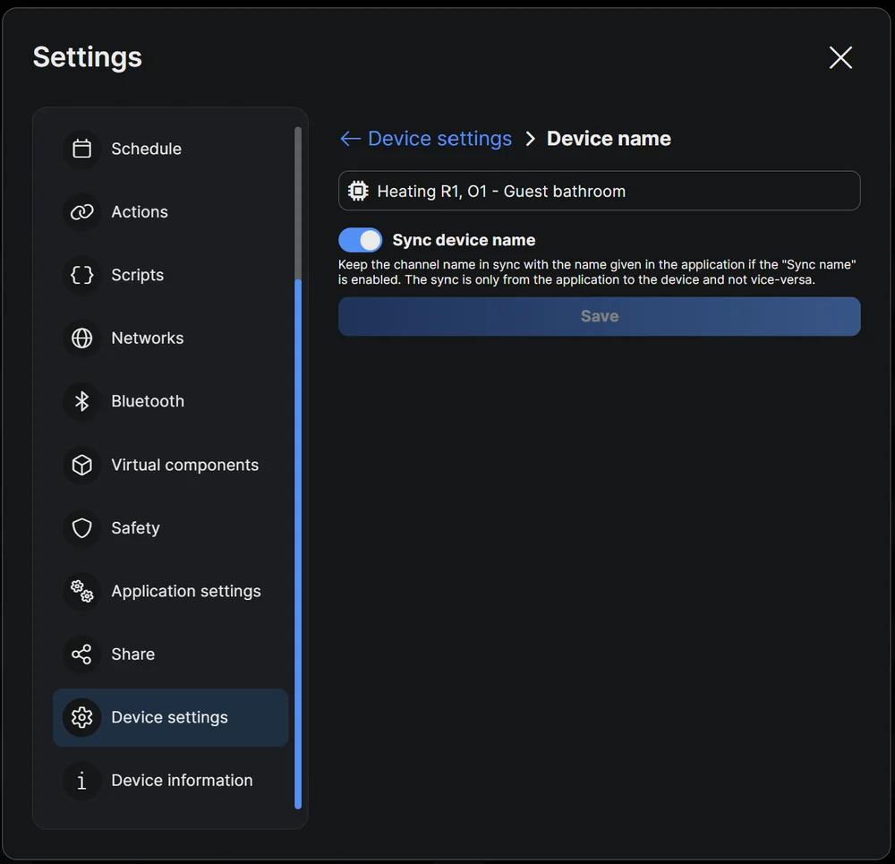 Device name setting with Sync device name on a Shelly Pro 4PM