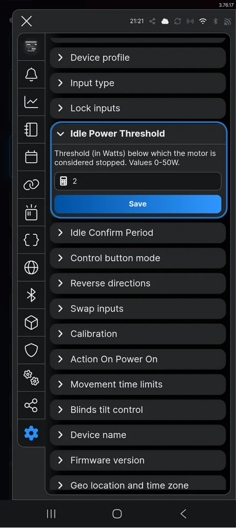 Idle power threshold setting in the app