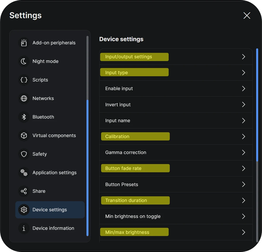 Himmentimen Device settings Shelly-sovelluksessa, tärkeimmät asetukset korostettuina