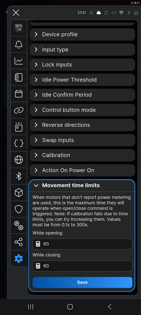 Movement time limit settings in the app