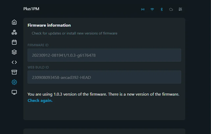 Firmware information in the web interface of a Shelly Plus 1PM