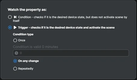 The On any change condition type selected in the app