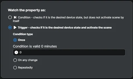 The Once condition type selected in the app