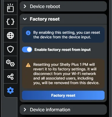 Factory reset option in the Shelly Smart Control device settings