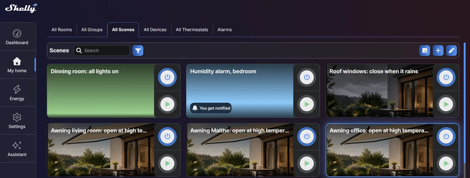 The All Scenes overview in the web interface, with the plus button top right