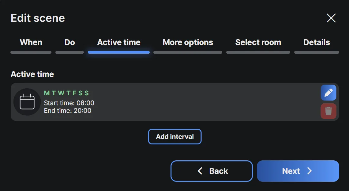 An active time interval set to every day between 08:00 and 20:00