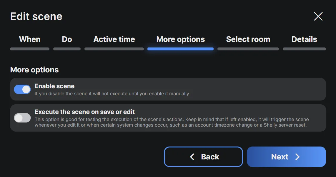 The More options tab with Enable scene on and Execute on save off