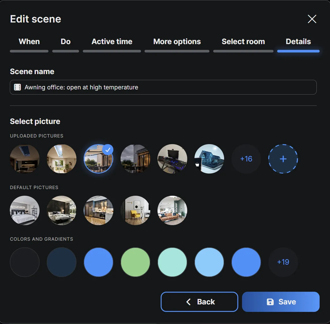 The Details tab with a scene name entered and a picture selected